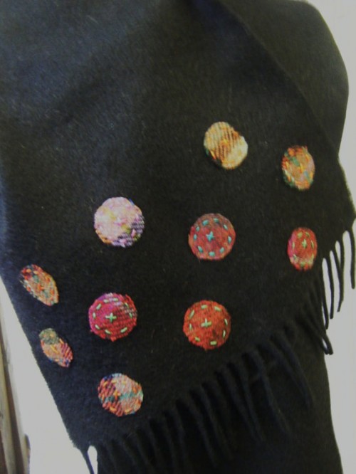 Black scarf with harris tweed and felted wool polka dots
